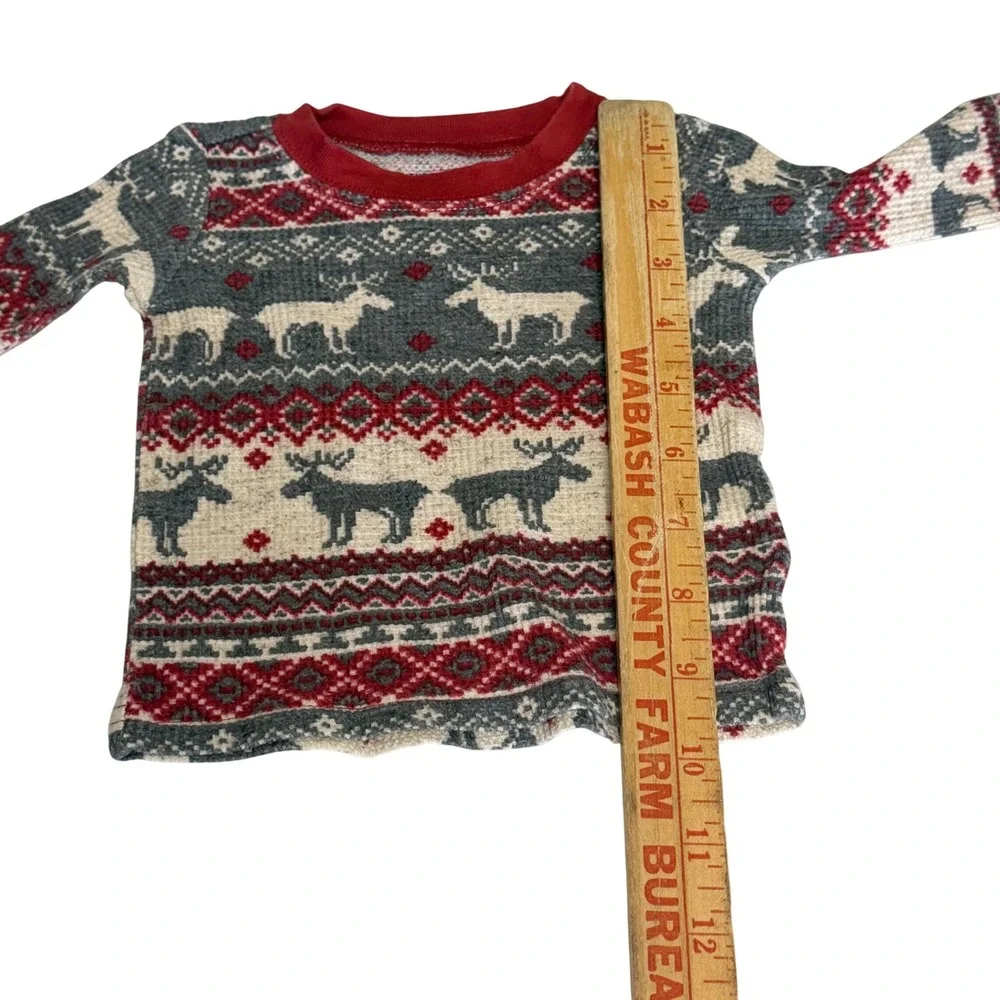 The Childrens Place Kids 3-6M Gray Red Reindeer Fair Isle Thermal Pajama Set
